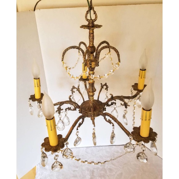 1950s Spanish Decorative Brass 5 Light Chandelier - Picture 3 of 10